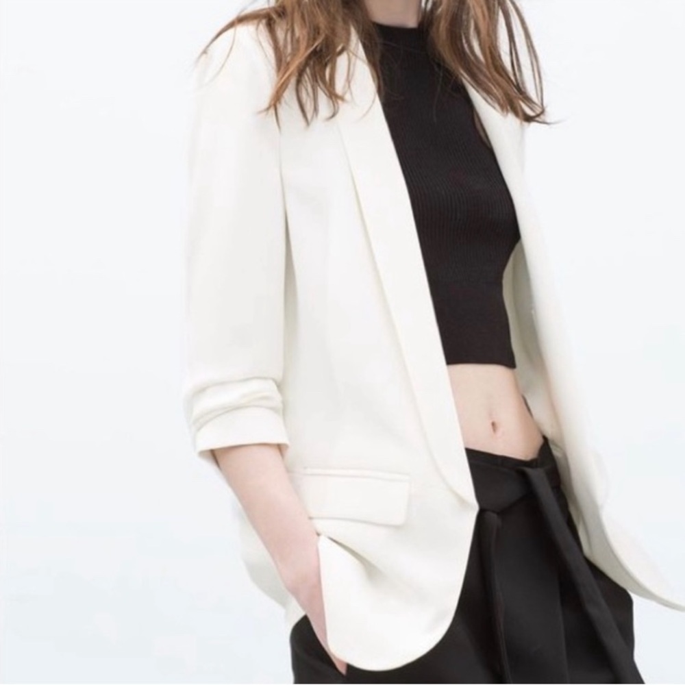 ZARA White Blazer with 3/4 Ruched Sleeves, Off White, Medium